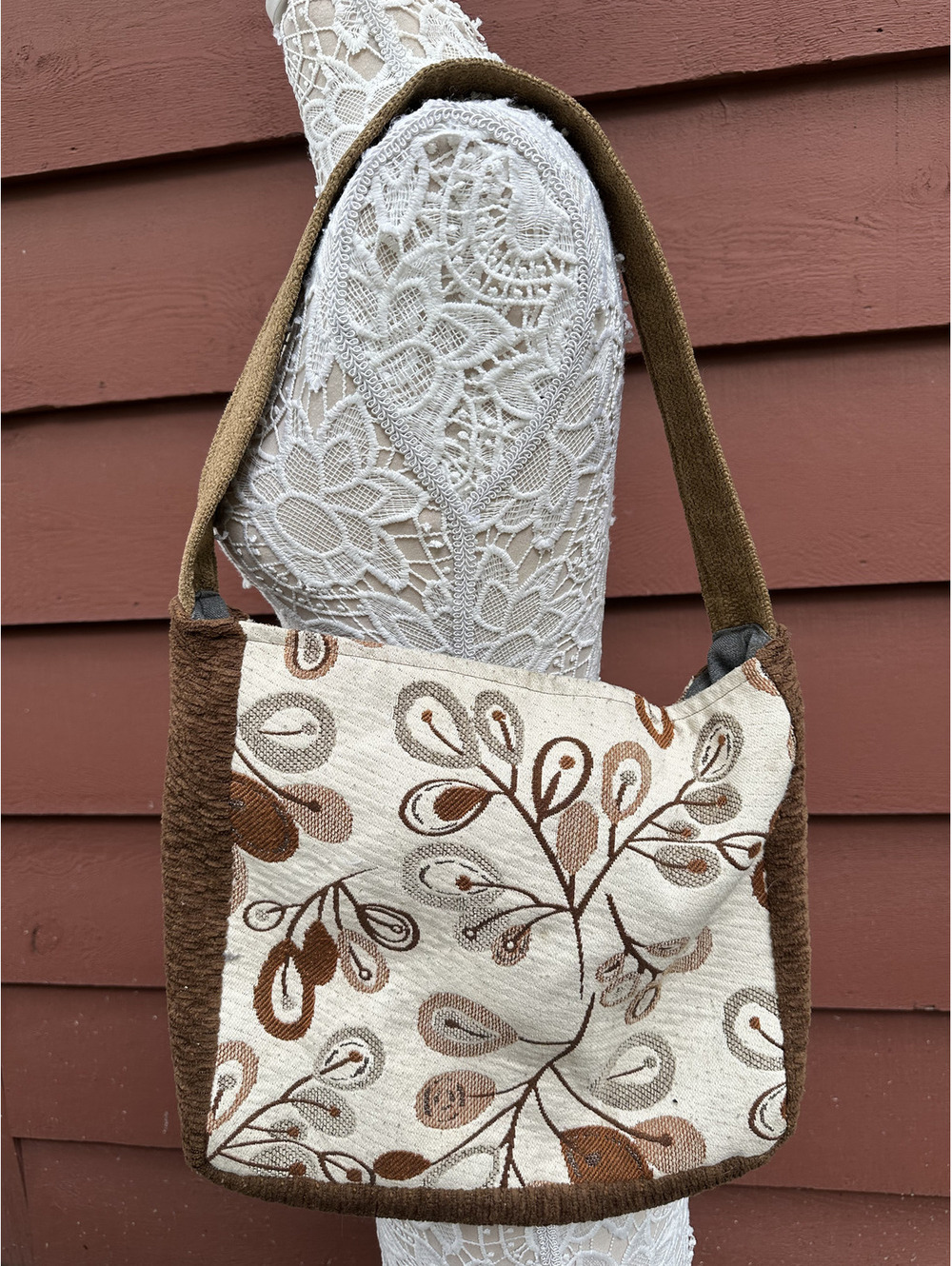 Handmade Bohemian Brown and Cream Floral Tote Bag